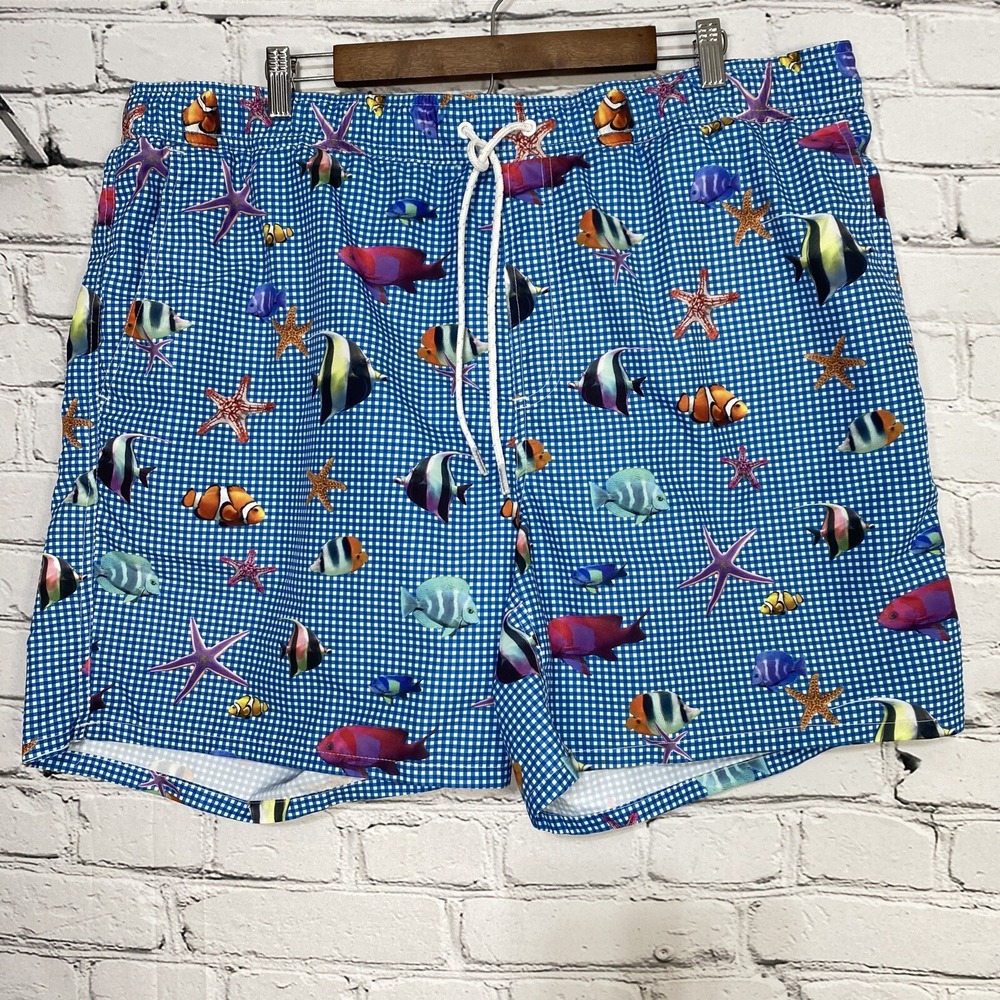 Bills Khakis Fish‎ AOP Swim Trunks Mens Size 2XL Mesh Lined Blue Gingham 6.5"